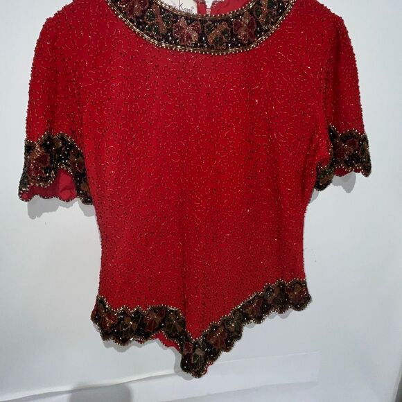 Laurence Kazar Women's Red Bow Holiday Rhinestones Beaded Blouse Size Small - Picture 3 of 7